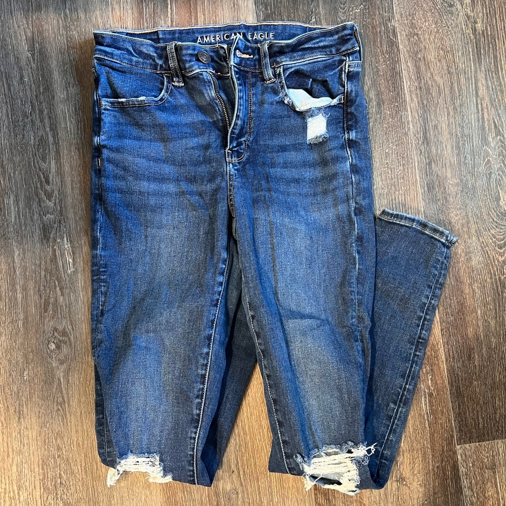 American Eagle Outfitters Blue Skinny Jeans with Distressed Details